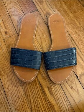 J. Crew Navy Croc-Embossed Leather Slide Sandals